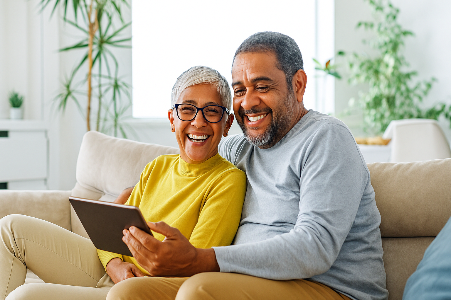Pareja adulta sonriendo mientras usa una tableta, representando planificación familiar y tranquilidad legal – LexGO