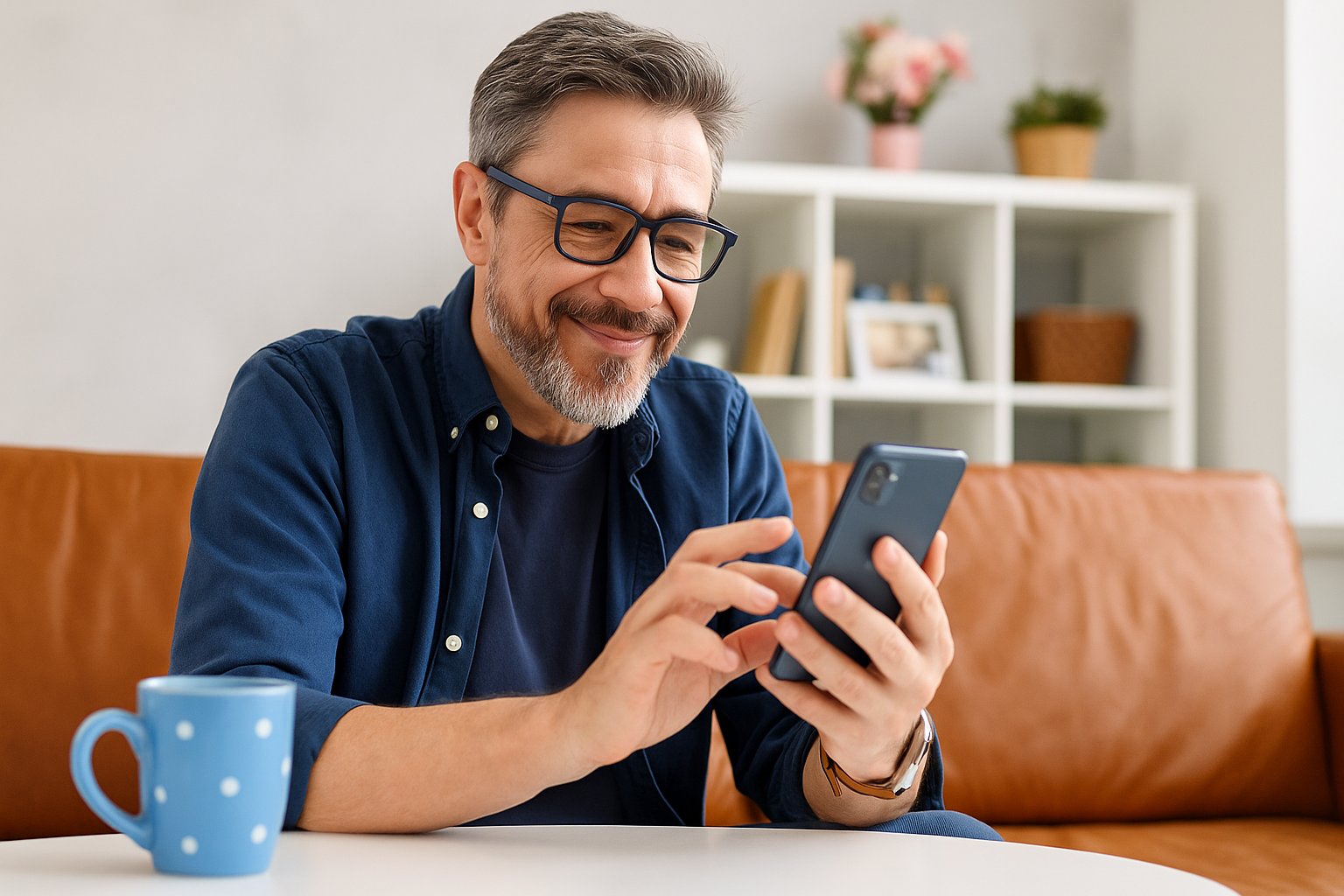 Hombre utilizando su teléfono móvil para acceder a servicios legales en línea de LexGO desde su hogar en Puerto Rico