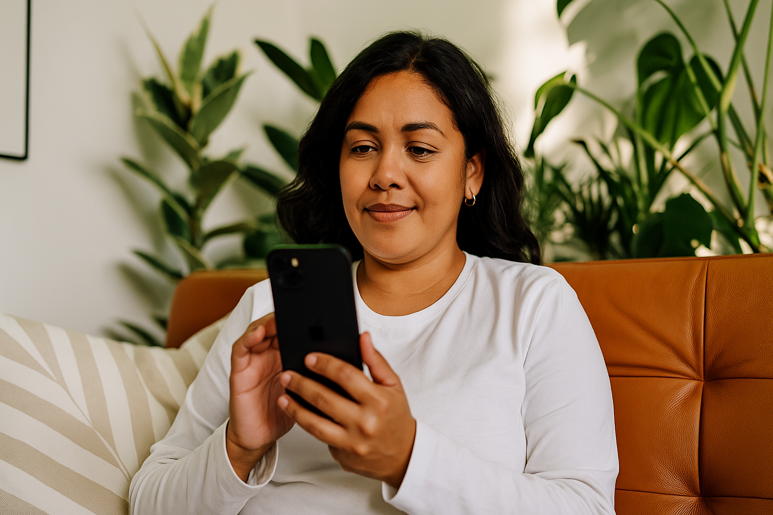 Hombre utilizando su teléfono móvil para acceder a servicios legales en línea de LexGO desde su hogar en Puerto Rico
