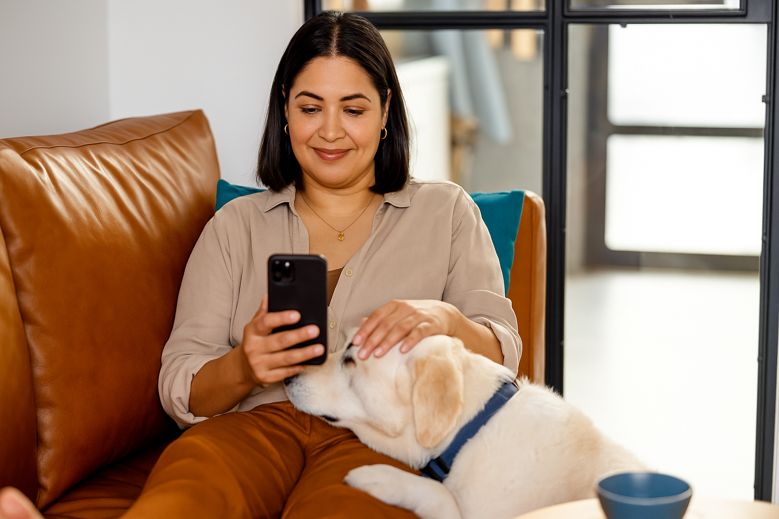 Cliente realizando una videollamada legal a través de LexGO desde la comidad de su sala mientras acaricia a su perro