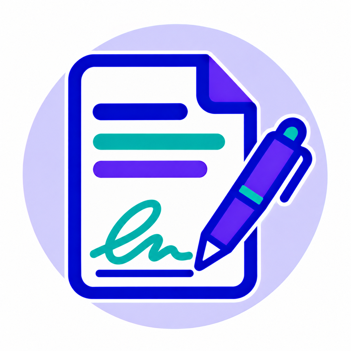Icono de Redacción de Contrato de LexGO: documento legal con firma y pluma, en colores violeta y turquesa sobre fondo lavanda