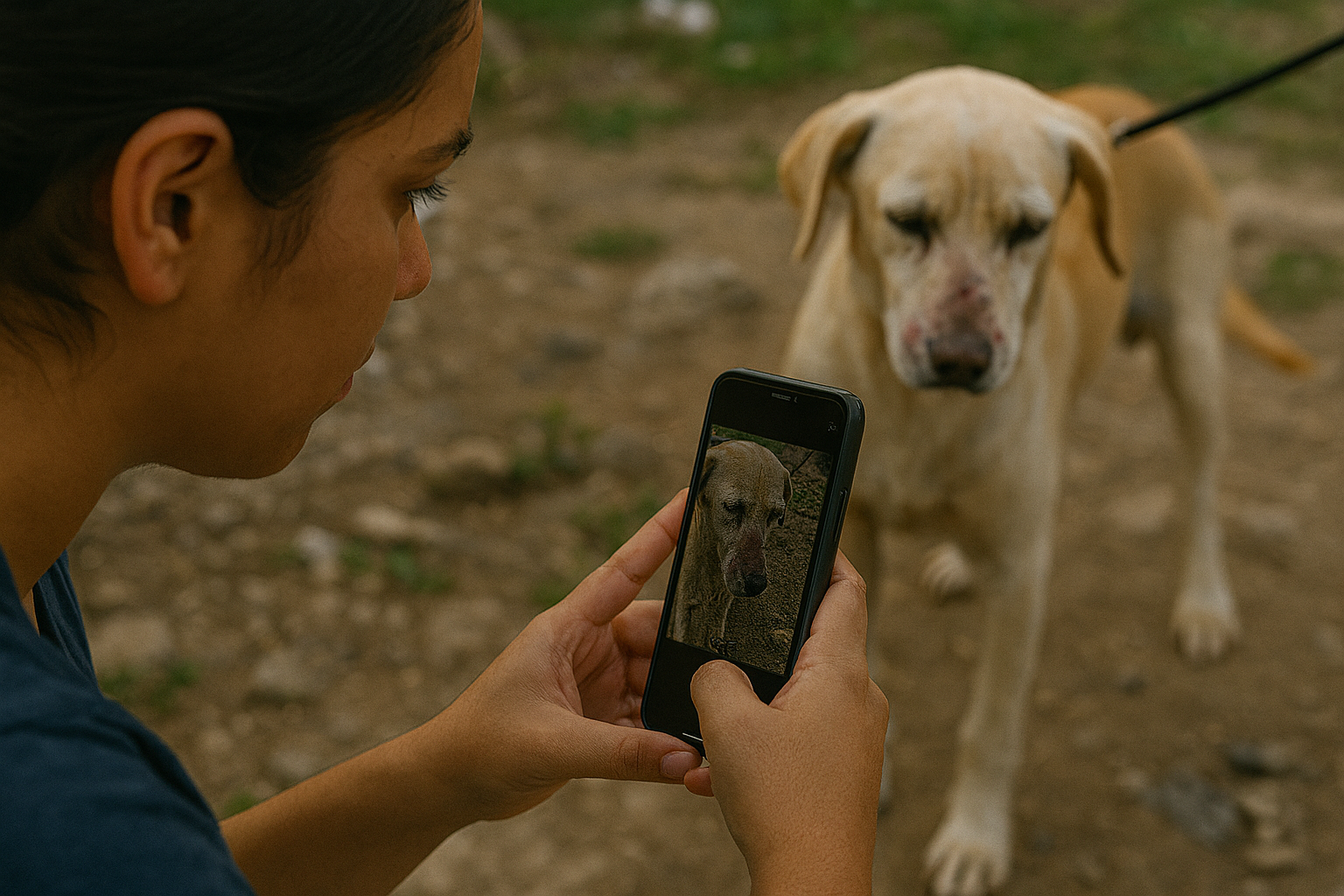 Mujer tomando foto de un perro herido para documentar caso de maltrato animal en Puerto Rico – LexGO