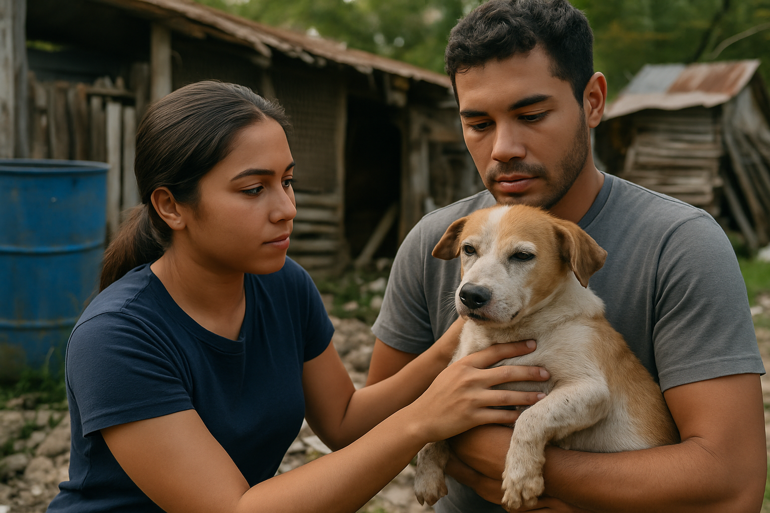 Pareja joven rescatando un perro en zona rural de Puerto Rico, simbolizando empatía y protección – LexGO